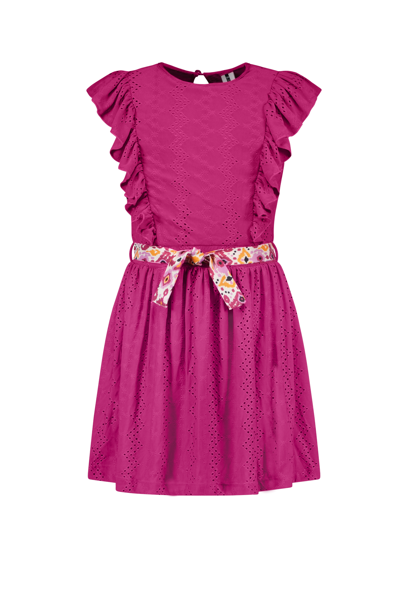 Girls jersey embroidery dress w/ ruffles + aop print