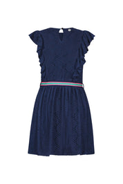Girls jersey embroidery dress w/ ruffles + fancy belt navy 2026