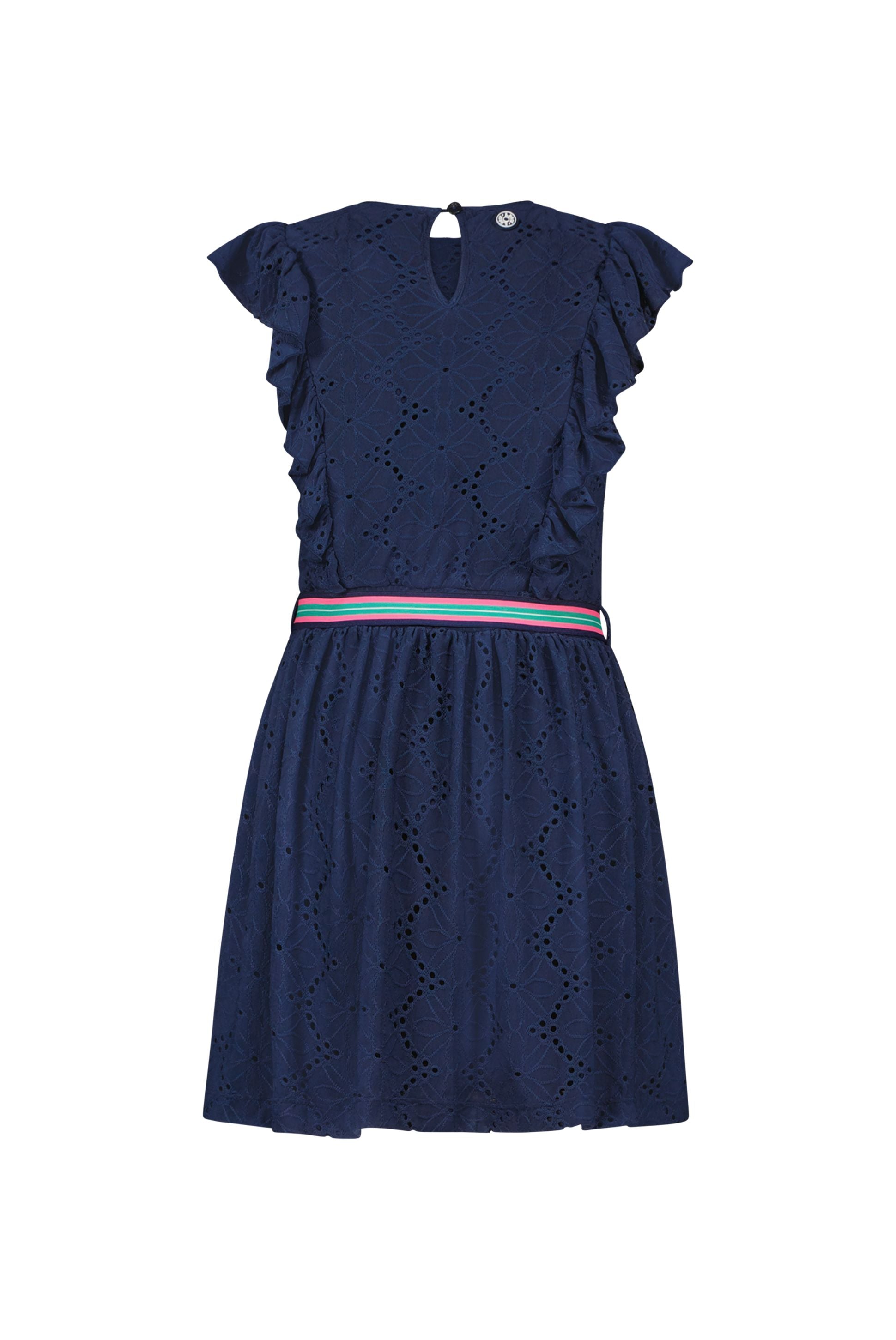 Girls jersey embroidery dress w/ ruffles + fancy belt navy 2026