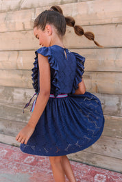 Girls jersey embroidery dress w/ ruffles + fancy belt navy 2026
