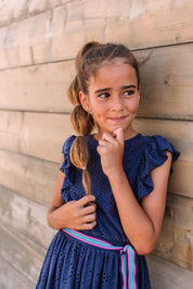 Girls jersey embroidery dress w/ ruffles + fancy belt navy 2026